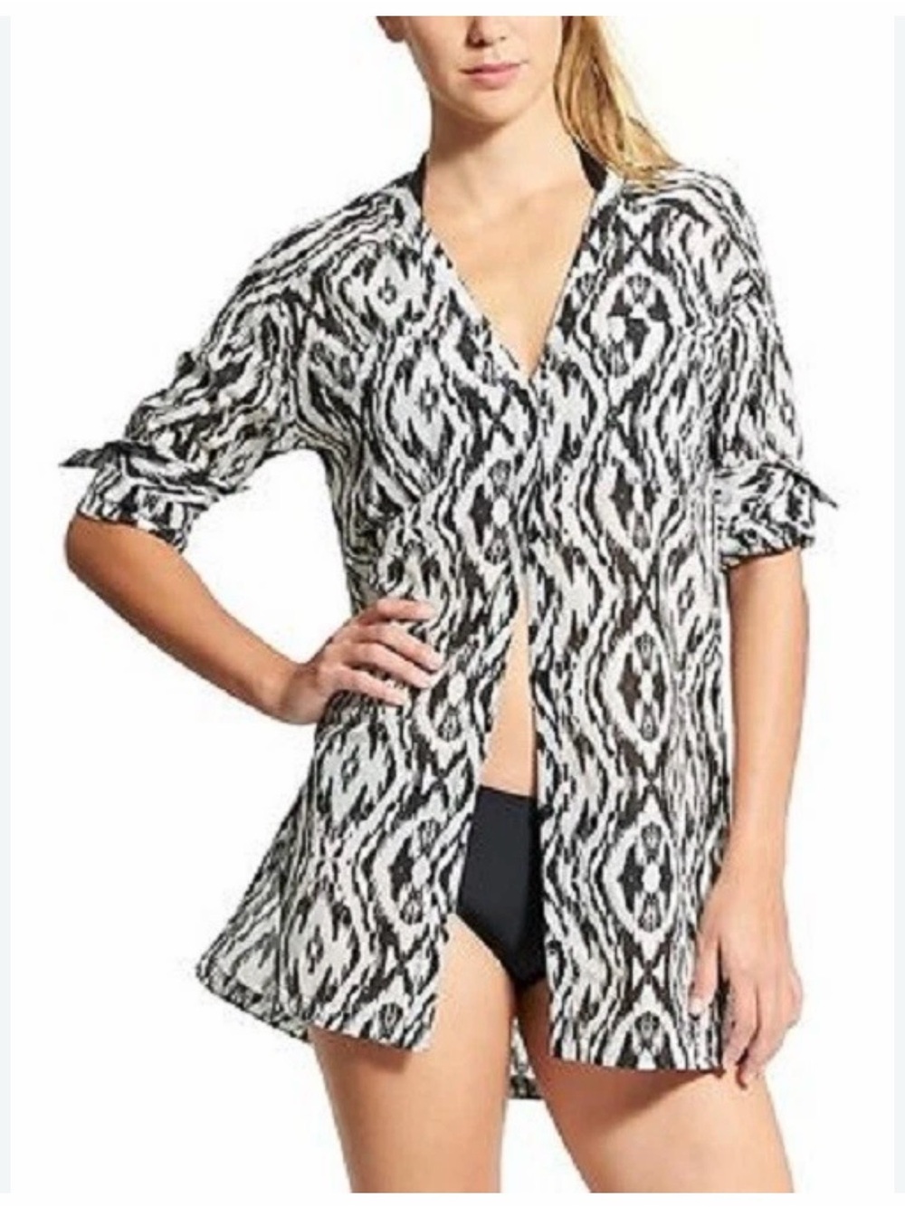 Athleta Womens Cotton Silk Ikat Button Shirt Cover Up Kaftan Tunic Beachy XL